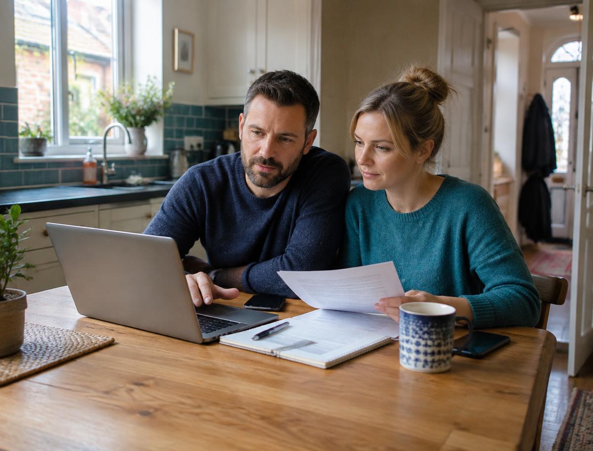 A couple reviewing household bills at their kitchen table